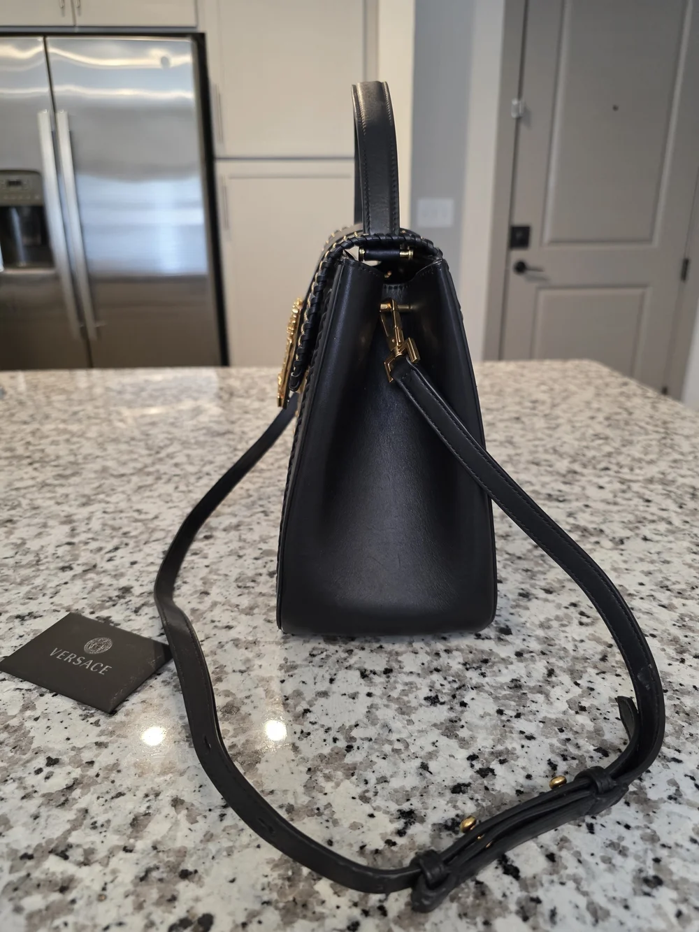 Versace Black Leather Satchel with Gold V Leaf Emblem